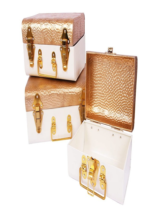 INDIAN ARTISANS Metal Trunk Gift Box Set of 3 - Golden & Ivory Hammered Design - Sizes 30, 25, 20cm - Improved Quality - Bridal Storage, Wedding Hamper, Decorative Jewelry Organizer, Metal Gift Boxes - Image 4